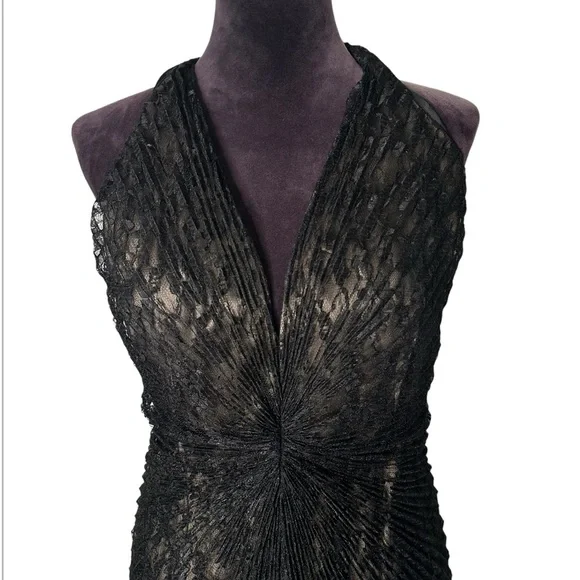 Carmen Marc Valvo Black Lace AccordionPleat Grecian Goddess Gown Dress 10